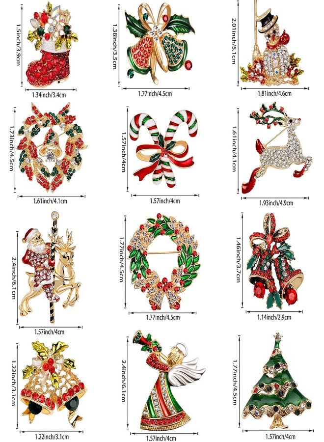 Qenk 12 Pcs Christmas Brooch Pins Set for Women - Rhinestone Crystal Christmas Tree Wreath Snowman Reindeer Ornament Jewelry Pins Gift (Style-1) - Image 4